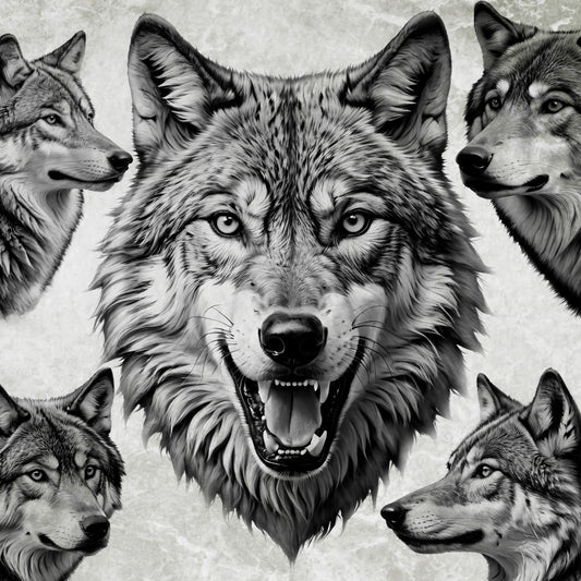 Realistic wolf stamp brushes for Procreate—howling, snarling, and calm expressions