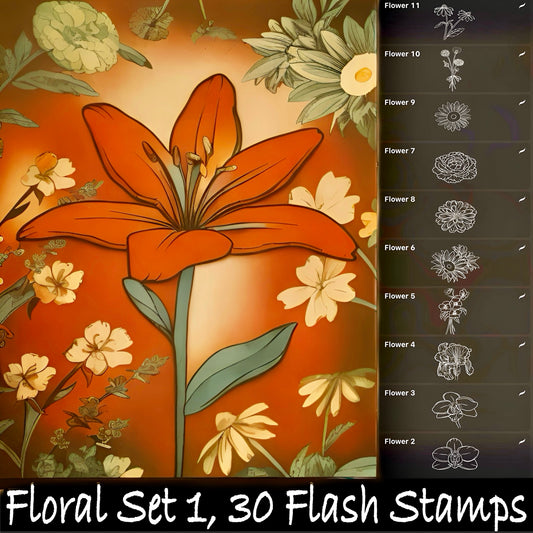 30 floral tattoo flash stamps for Procreate—roses, leaves, blossoms