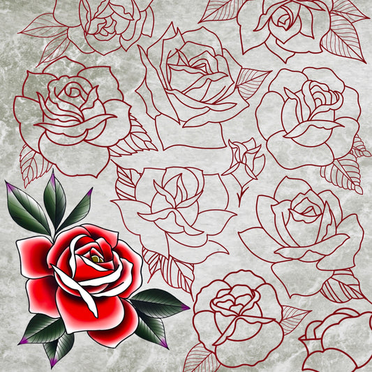 Procreate stamp set featuring realistic roses and coordinating leaves for floral tattoos