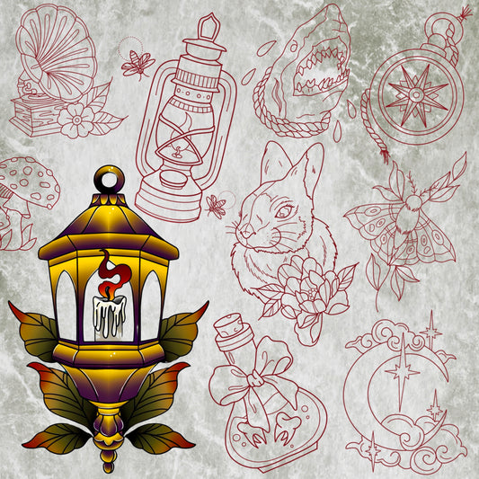 50 neo‑traditional Procreate flash stamps—beetles, moths, candles, daggers, birds, flowers