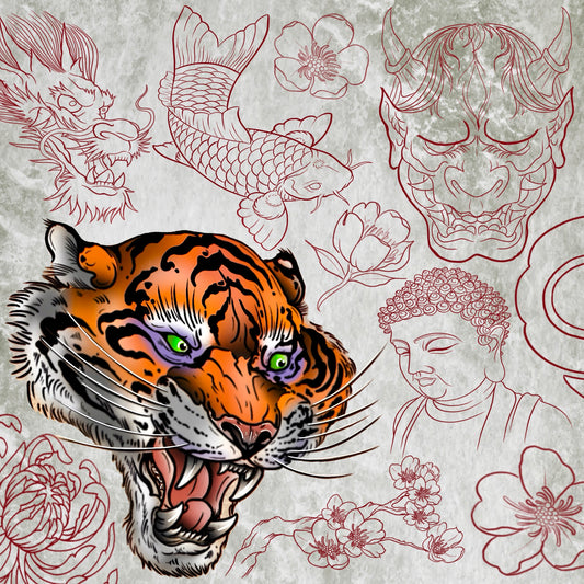 Set of 65 Asian‑style tattoo flash stamps for Procreate