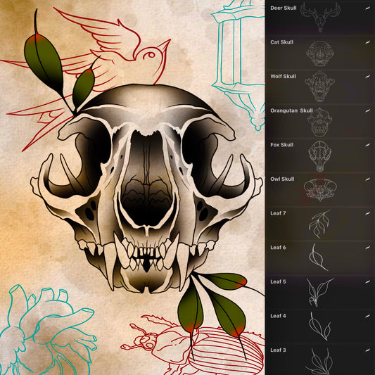 60 neo‑traditional tattoo flash stamps featuring skulls, gems, candles, owls for Procreate