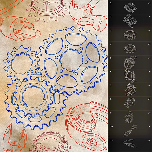 50 tech‑mech tattoo flash stamps—gears, tools, circuit parts for Procreate