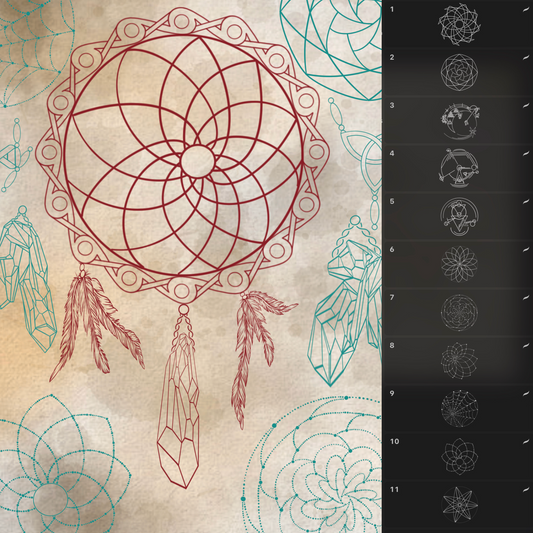 100 dream catcher and mandala tattoo flash stamps for Procreate