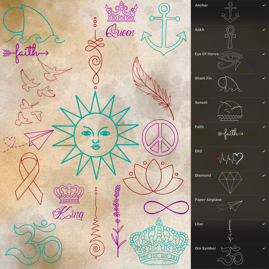 55 basic tattoo flash stamps—simple icons and symbols for Procreate