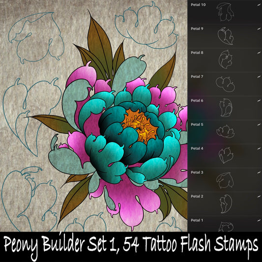 Peony builder stamp set for Procreate—layered petals and outlines for tattoo peony creation