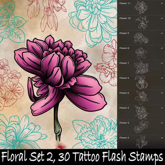 Floral Set 2, 30 Tattoo Flash Stamps