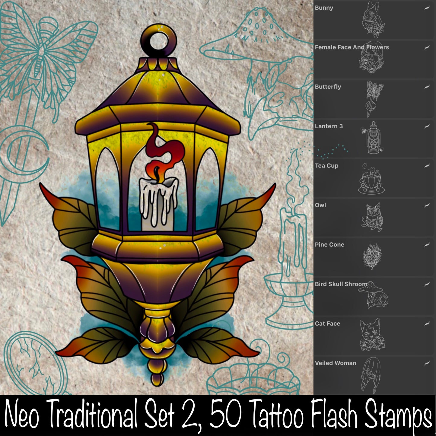 Neo Traditional Set 2, 50 Tattoo Flash Stamps