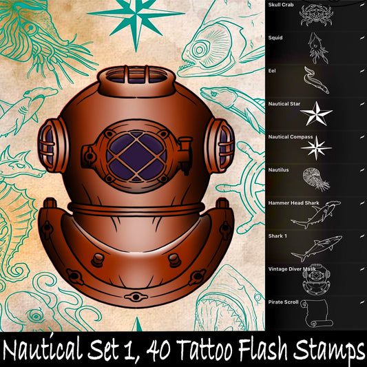 40 nautical tattoo flash stamps—anchors, fish, shells, shark teeth for Procreate