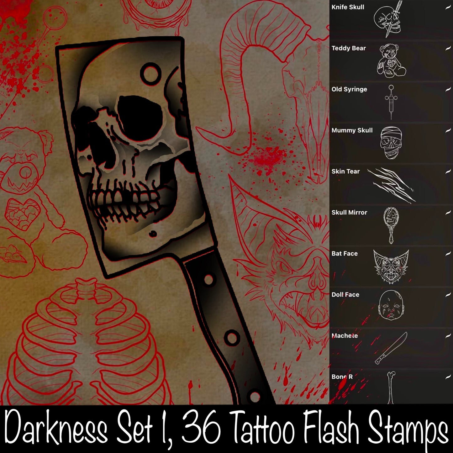 Darkness Set 1, 36 Tattoo Flash Stamps