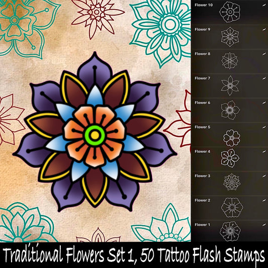 Traditional Flowers Set 1, 50 Tattoo Flash Stamps