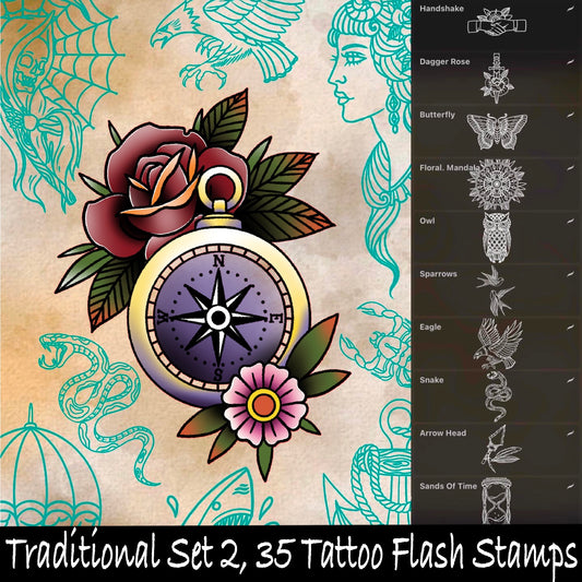 Traditional Set 2, 35 Tattoo Flash Stamps