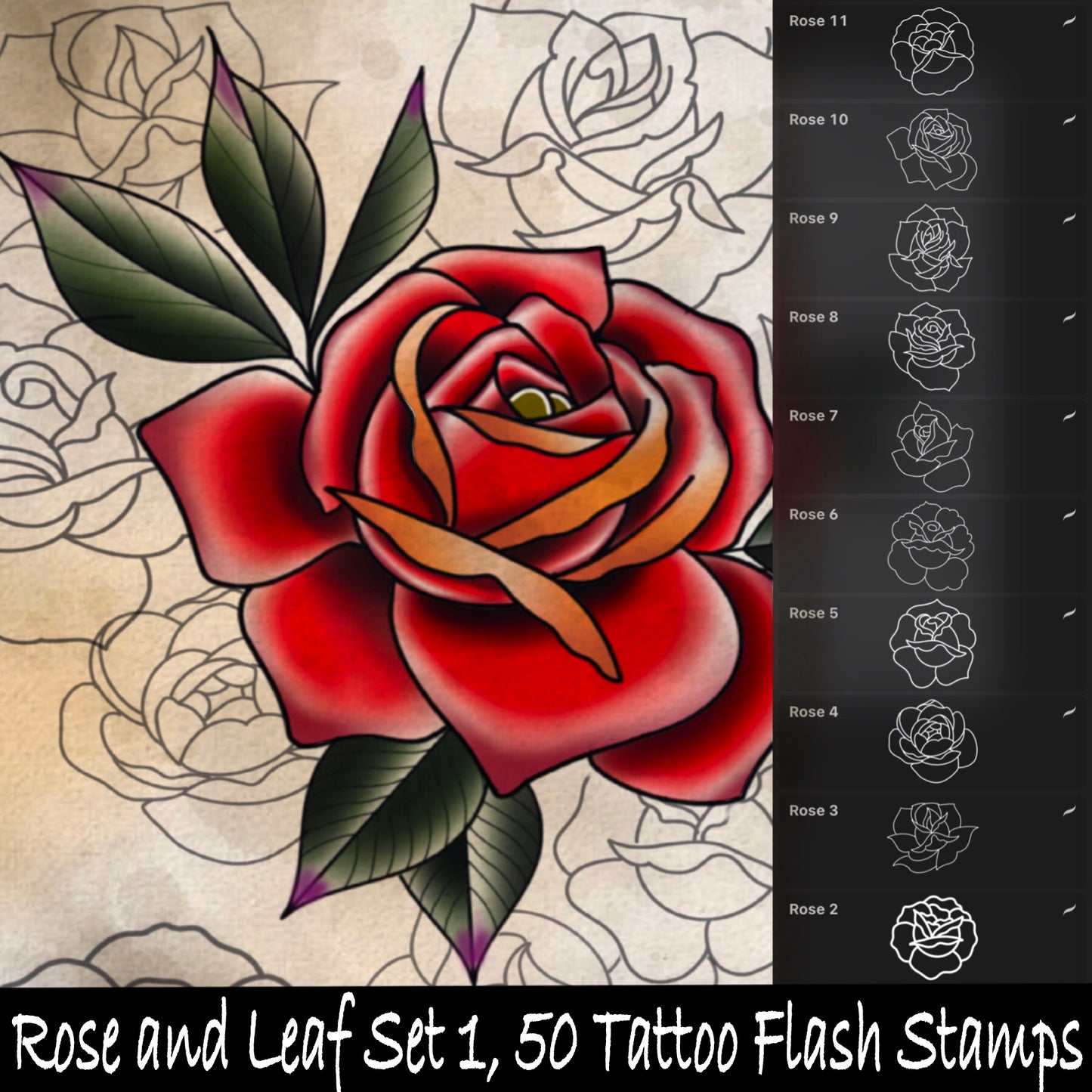 Rose and Leaf Set 1, 50 Tattoo Flash Stamps