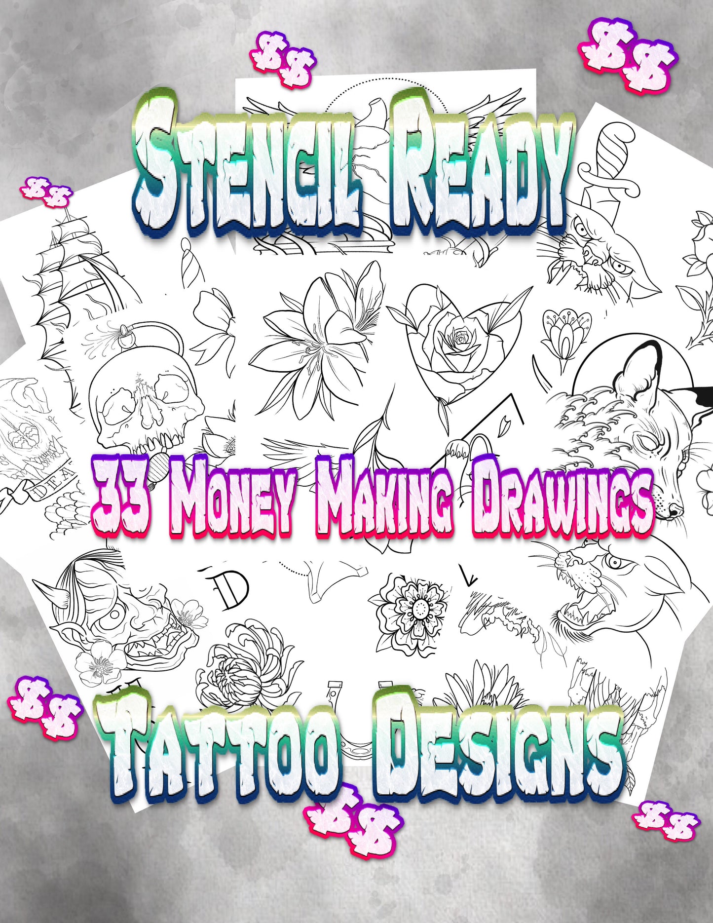 Money Maker Set 1, 33 Tattoo Flash Stamps